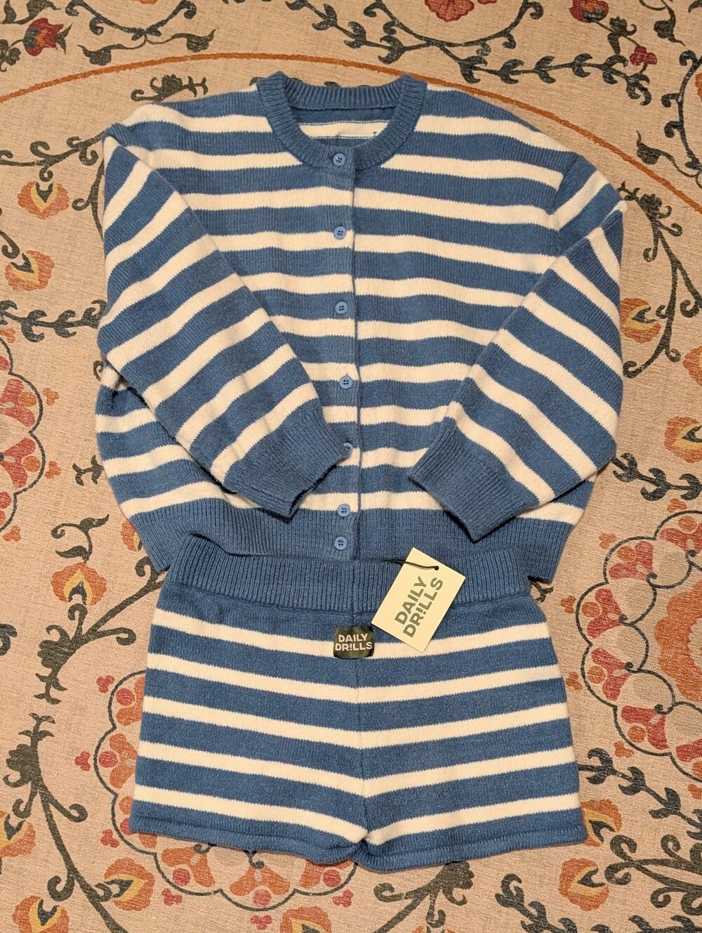 DAILY DRILLS Striped Blue & Cream Knit Cardigan and Shorts SUMMER Set ⛱️🌞